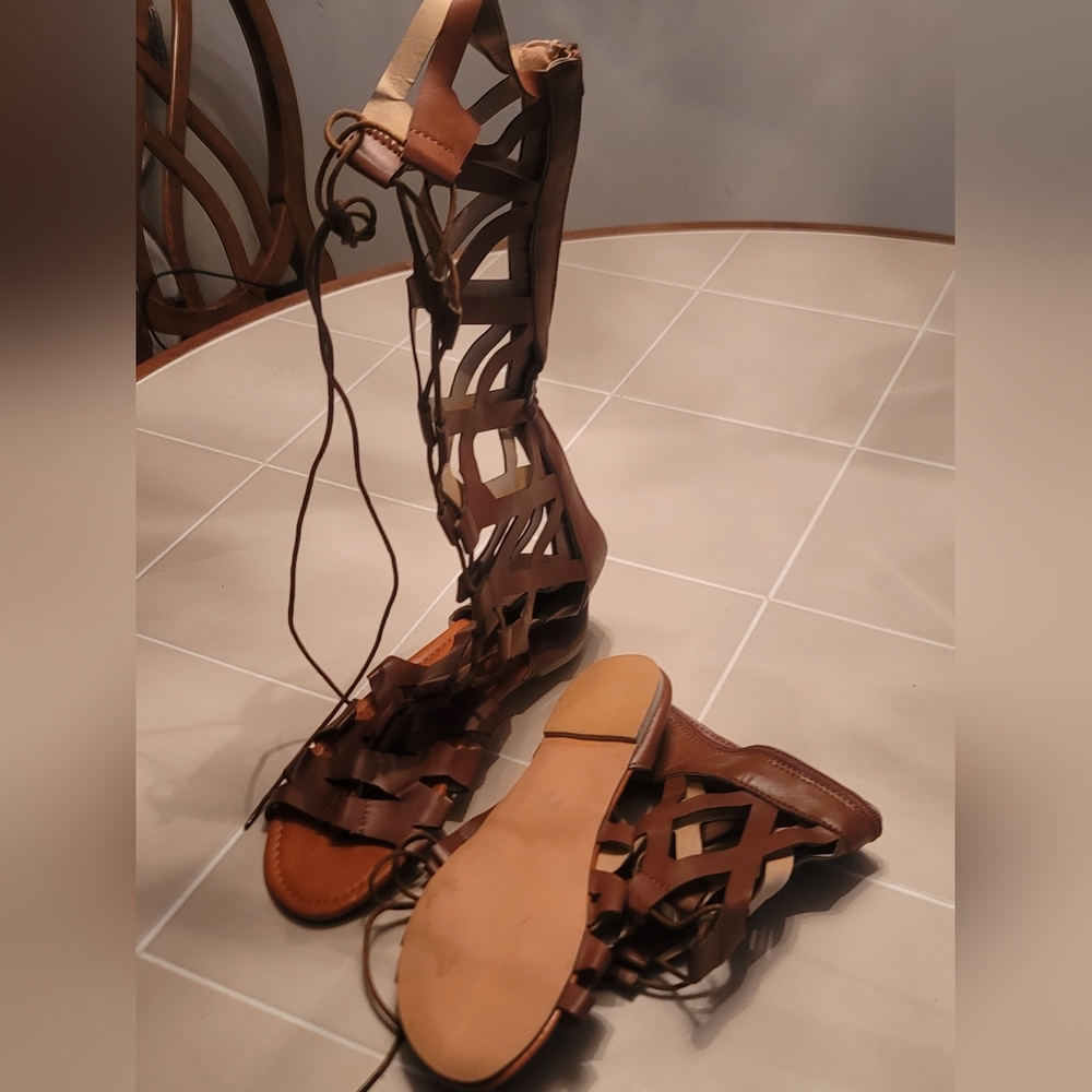 Brown Calf-high Gladiator Sandals